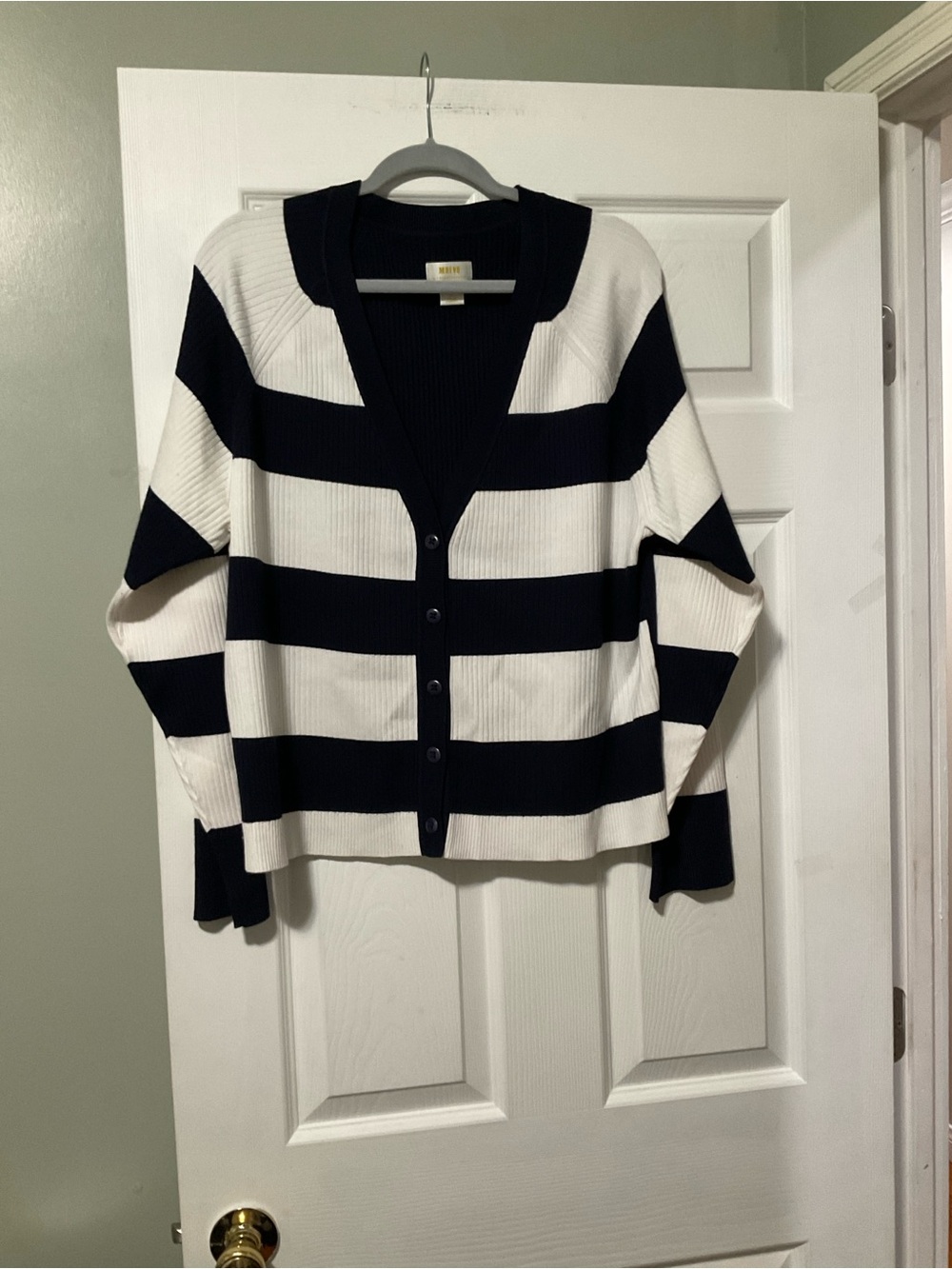 Striped V-Neck Button Cardigan Sweater - Navy & White